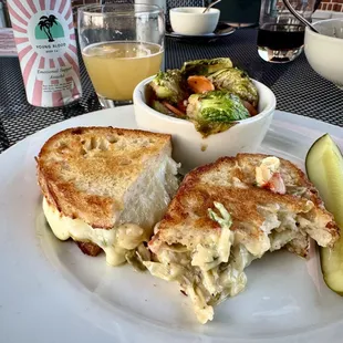 SPINACH ARTICHOKE GRILLED CHEESE with garlic brussels sprouts