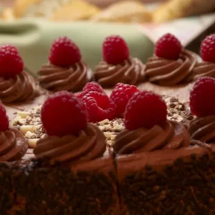 a chocolate cake with raspberries on top