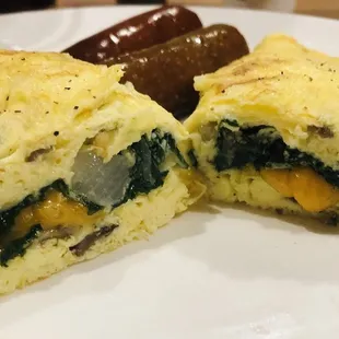Super stacked spinach, mushroom, onion omelet
