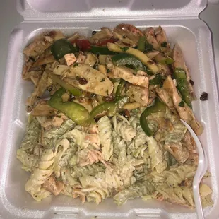 Half chicken and half pasta. Love this place