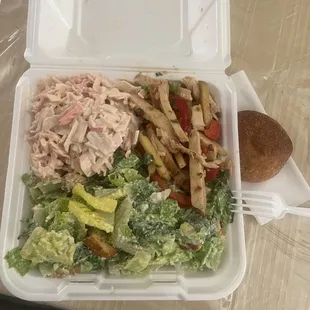 Salad trio- seafood, chicken and Caesar with a roll