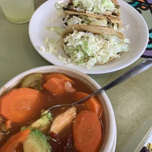 Tacos de calabacitas and rajas with a side of tlalpeño soup