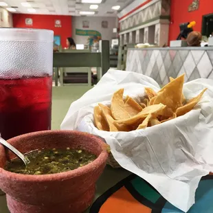Complimentary chips &amp; salsa. Agua de Jamaica was too sweet for me.