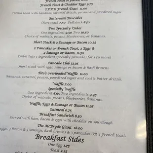 a menu for breakfast