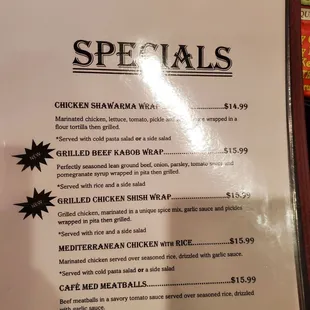 a menu for specials