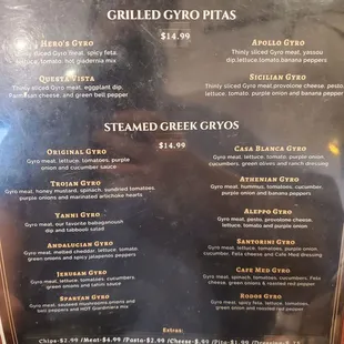 the menu of the restaurant