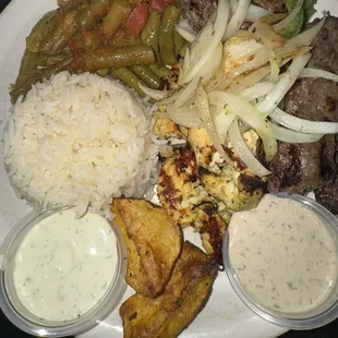 Mixed Grill (you can barely see the 2 tiny pieces of beef souvlaki under those onion strips)