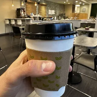 Oatmilk latte (also Almond milk as alternative milk option). Made with Ethiopian coffee beans.