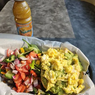 Avocado toast with a side salad and OJ.
