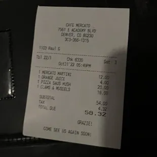 The check... $60 for an appetizer，pizza, one drink, and a martini