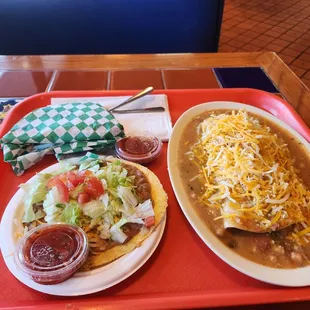 Smothered beef burrito, taco, and tostada.