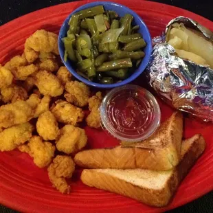 Shrimp dinner, $8.75. Described as lightly dusted and deep fried, but they are more of a battered shrimp...these were.