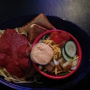 Spaghetti and meatballs, salad and Texas toast $6.50 lunch special