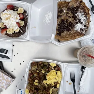 Chocolate waffle, chocolate chip pancakes, twisted tators, Mila mocha