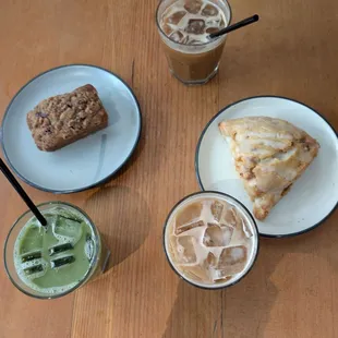 Blueberry lemon scone and coffee cake, coffee drink, and matcha drink.