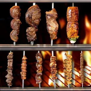 12 different types of meat that comes to your table on skewers and are carved table side. www.cafemineirosteakhouse.com