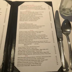the menu of a restaurant