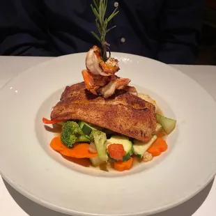 Blackened Drum with grilled shrimp and veggies