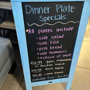 Dinner specials menu