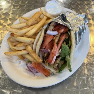 Chicken kabob wrap with fries