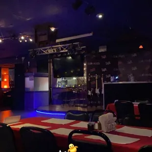 empty tables with red and white tablecloths