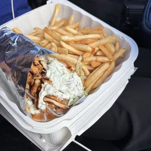 Chicken wrap with a side of fries