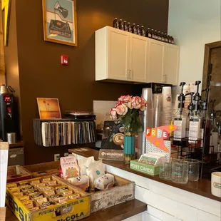 a counter with a variety of items