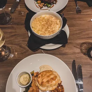 Mac and cheese, smoked fried chicken, NY steak