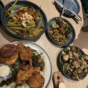 Smoked fried chicken, Drunken noodles, corn with shishito peppers, brussel sprouts