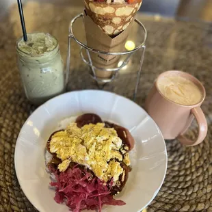 Spam rice bowl with scrambled eggs , match coconut strawberry,  white chocolate mocha latte, and strawberry banana Nutella crepe