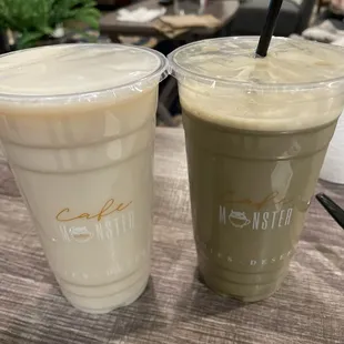 Wintermelon milk tea (left) and oat blueberry Matcha (right). Both bad. Wintermelon watery and tasted wrong and blueberry matcha just bad