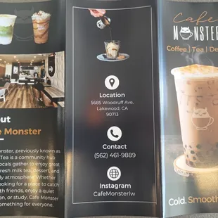 Front of brochure menu, includes contact information, Insta and business description.
