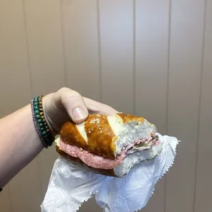 Pretzel salami sandwich