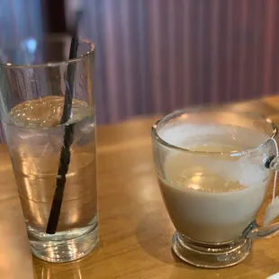 Water with a paper straw , London fog (chai tea with warm milk and vanilla, not on menu)