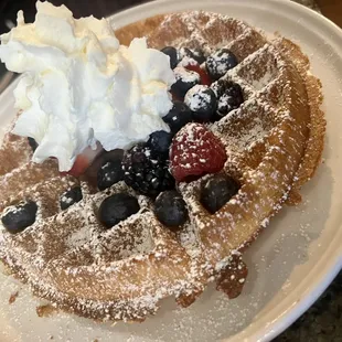 Vanilla Bean Waffle w/ Fresh Fruit &amp; Whipped Cream.
