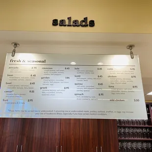 a menu for salad