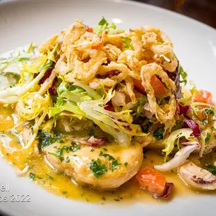 chicken paillard
 pan-seared draper valley chicken breast, white wine jus, frisee, tomatoes, fried shallots, mustard vinaigrette