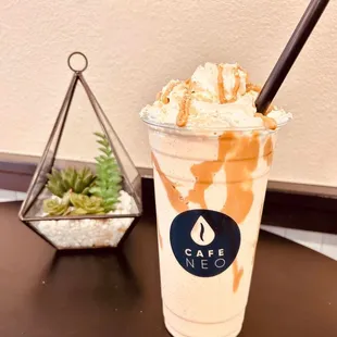 iced coffee with caramel and whipped cream