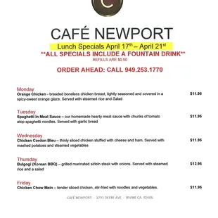 the menu for the cafe newport
