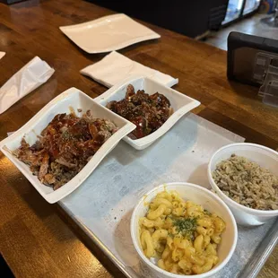 Pulled Pork, Rib Tips, Mac N Cheese and Dirty Rice