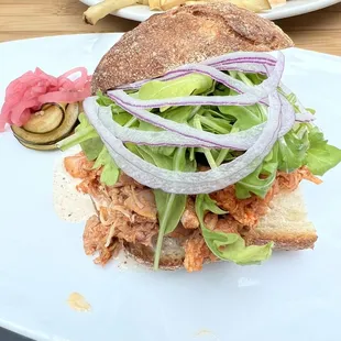 Pulled bbq chicken sandwich with Alabama white sauce