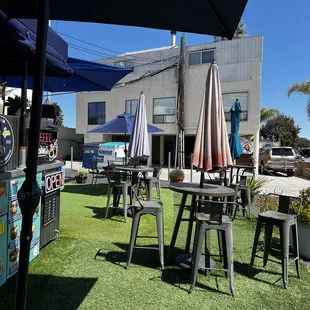 tables and chairs with umbrellas