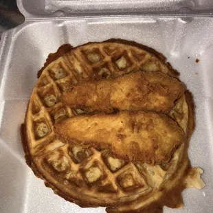 Soggy ass waffle and two chicken nuggets damn near