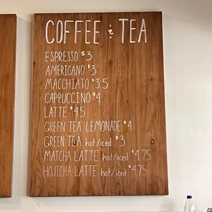 Coffee menu