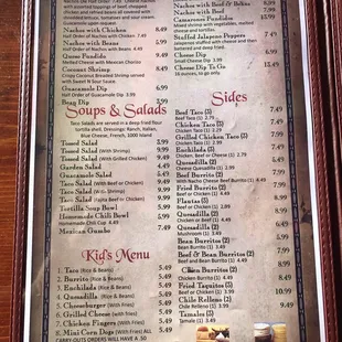 the menu of the restaurant