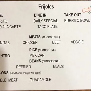 a menu for a meal