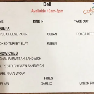 menu for deli available 10am - 9pm