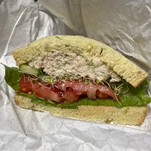 Tuna salad sandwich on sunflower bread