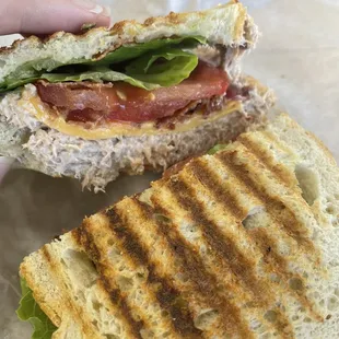 a hand holding a sandwich