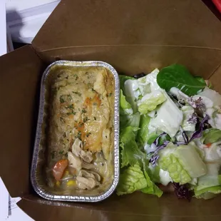This is the best pot pie I have ever had. Complete with a side salad. The flavor on the pot pie is amazing. Just so good.